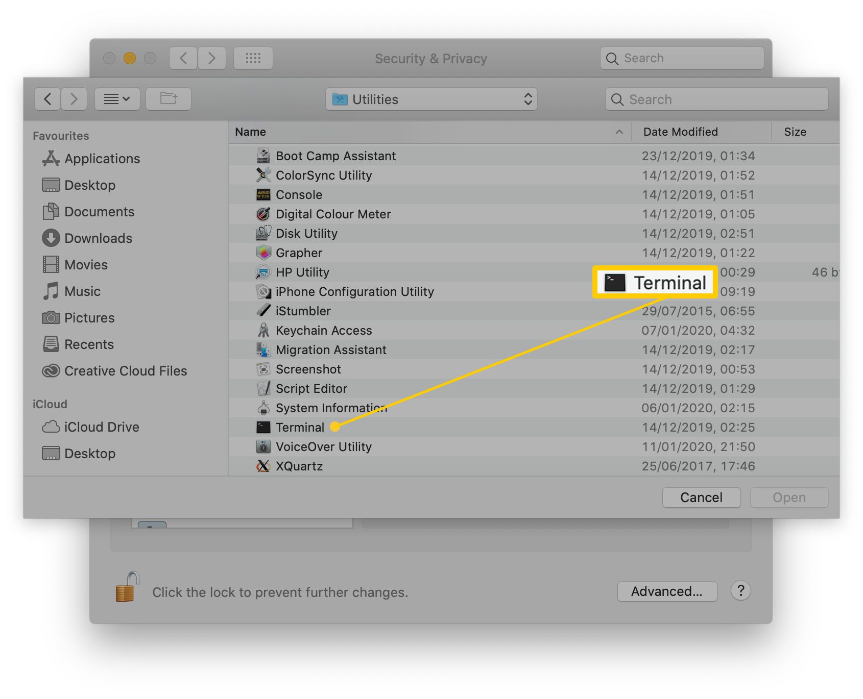 MacOS s terminálem zvýrazněným v seznamu aplikací