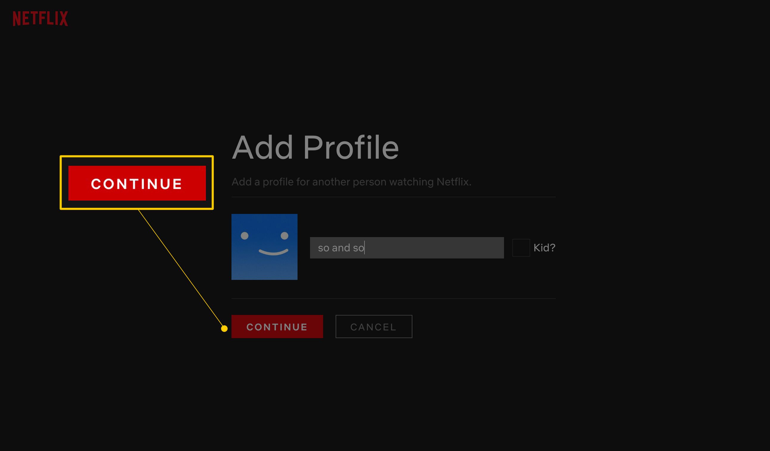 Tlačítko Pokračovat na obrazovce Přidat profil na Netflixu