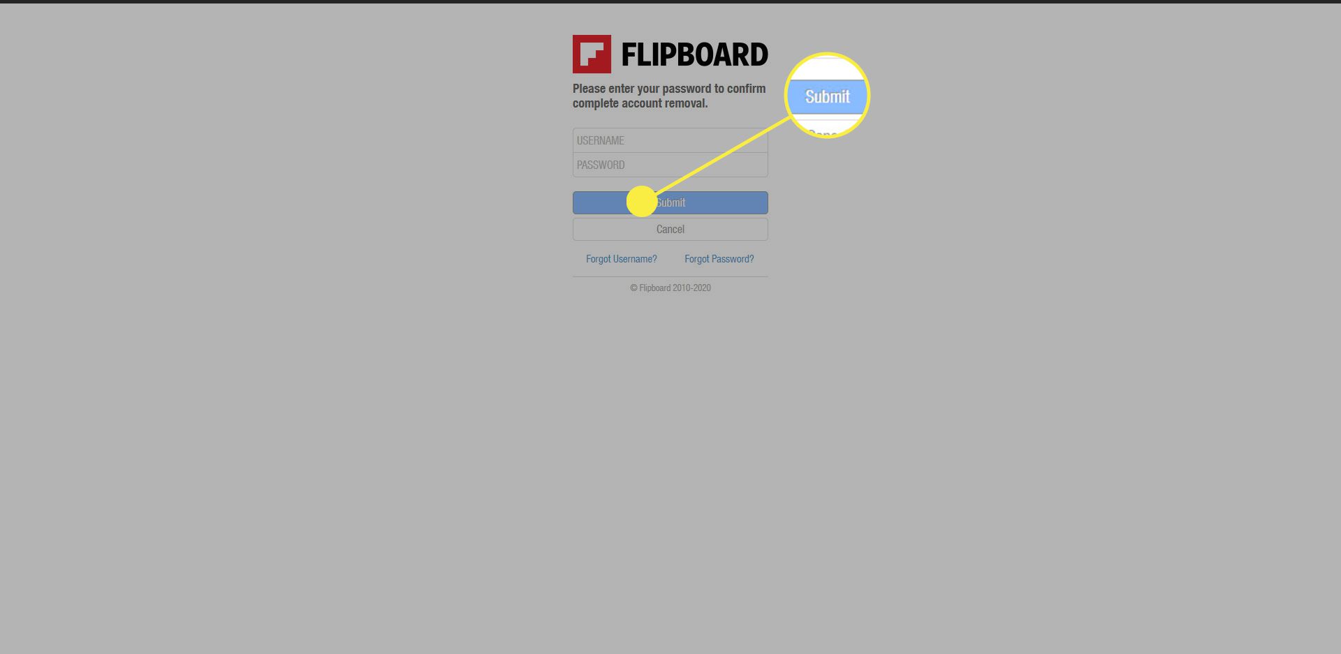 Možnost odeslat při mazání profilu na Flipboardu.