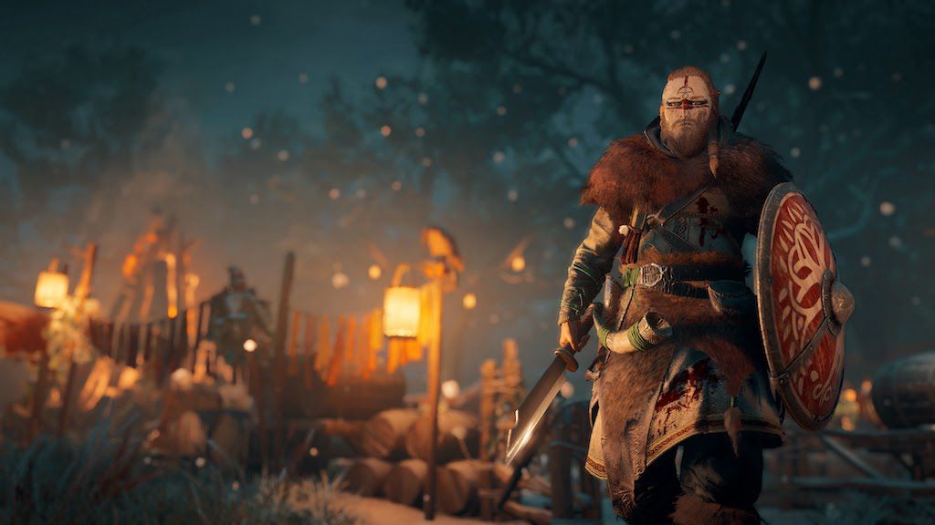 Assassin's Creed: Snímek obrazovky Valhally se postavou v popředí
