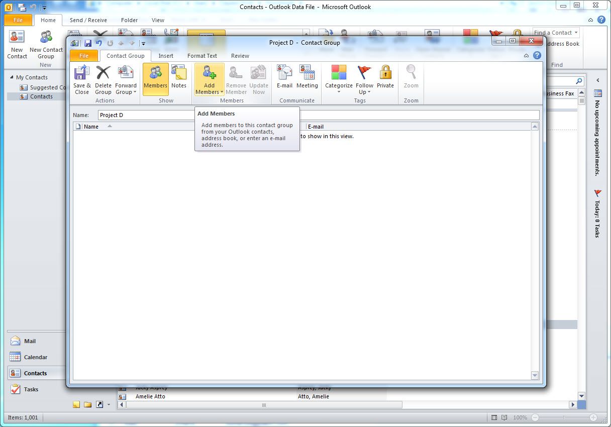 Tlačítko Přidat členy aplikace Outlook 2010