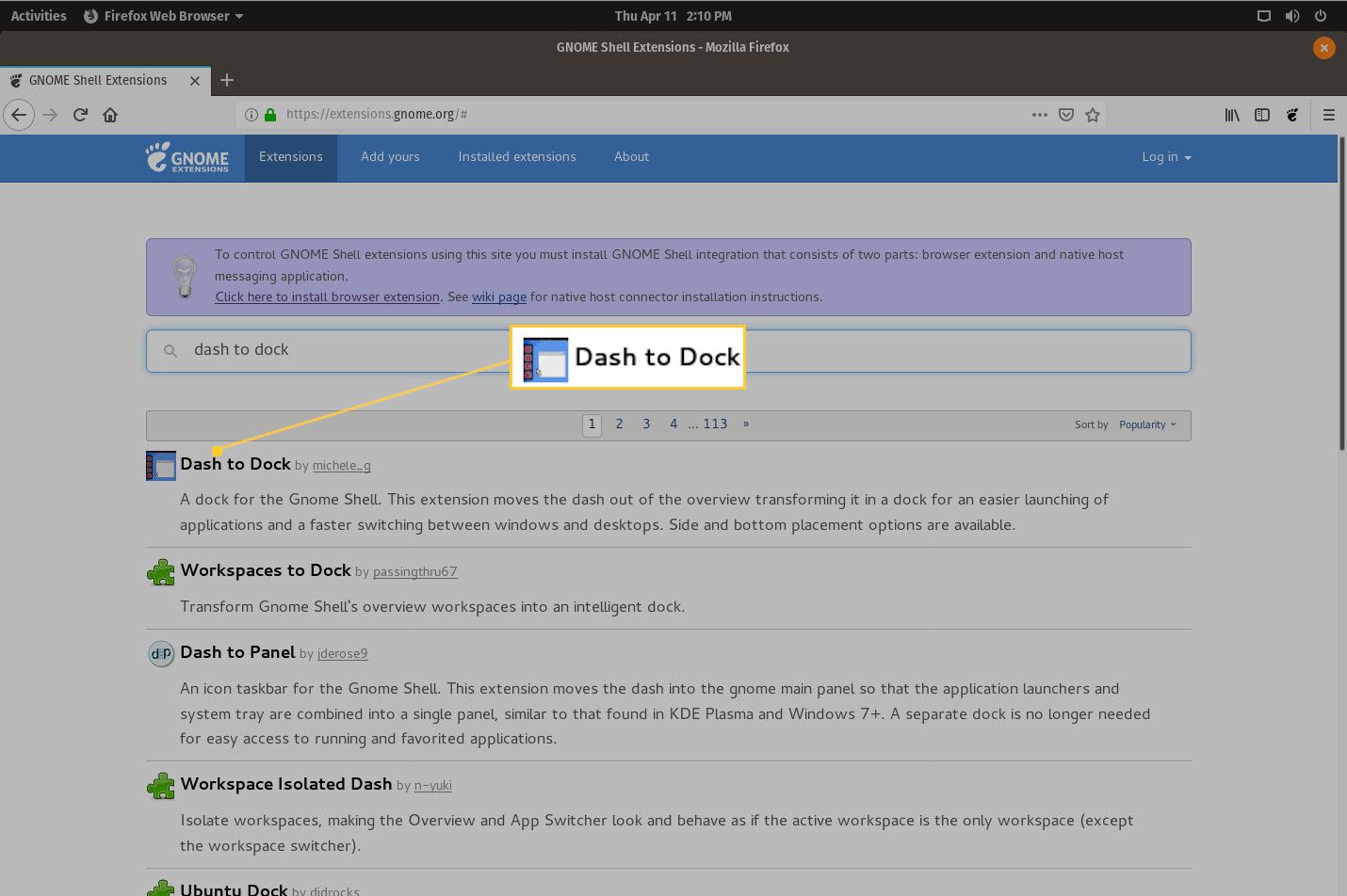 Instalace Dash to Dock z webu rozšíření GNOME