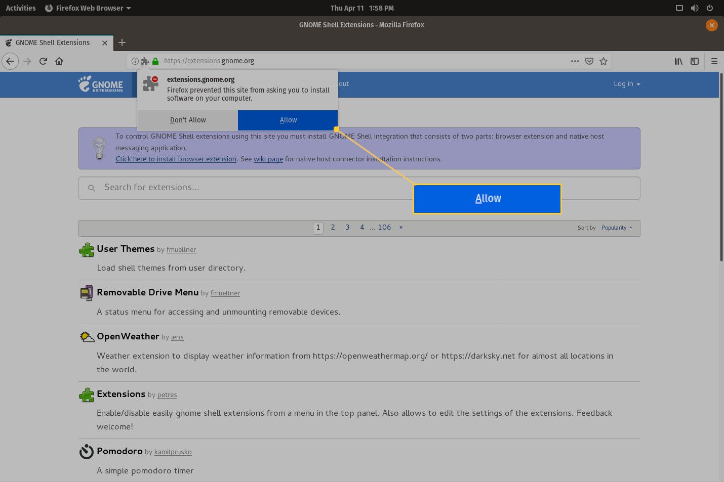 Nástroj GNOME Extension ve webovém prohlížeči