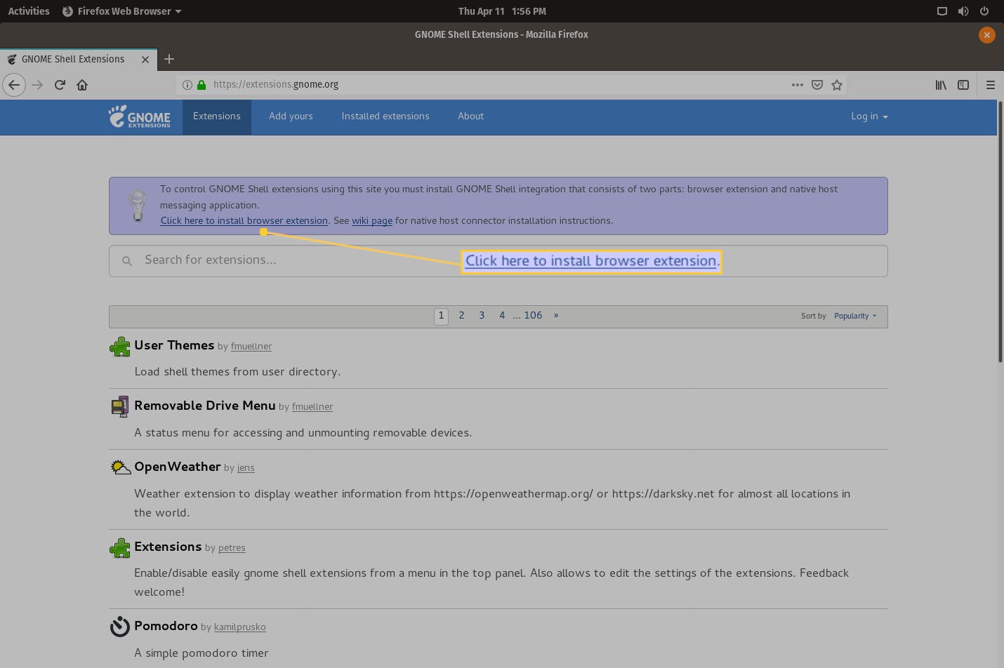 Stránka rozšíření GNOME ve webovém prohlížeči