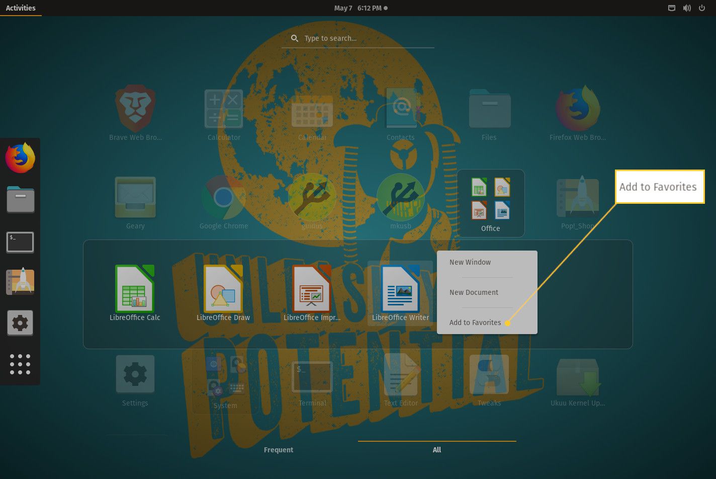 GNOME na ploše zobrazující LibreOffice Writer jako oblíbenou položku