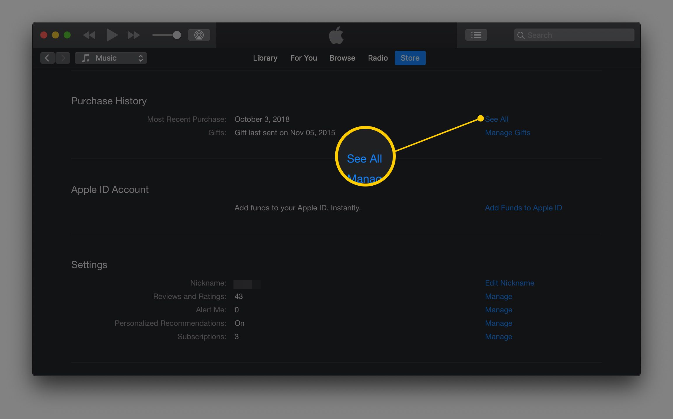 Odkaz Zobrazit vše v sekci Historie nákupů iTunes přes tmavý režim macOS