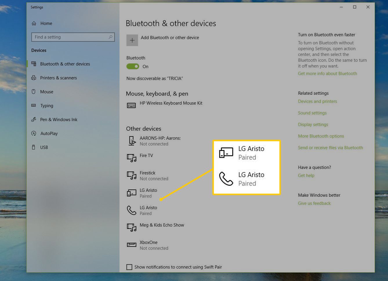 Zařízení Bluetooth v nastavení systému Windows 10