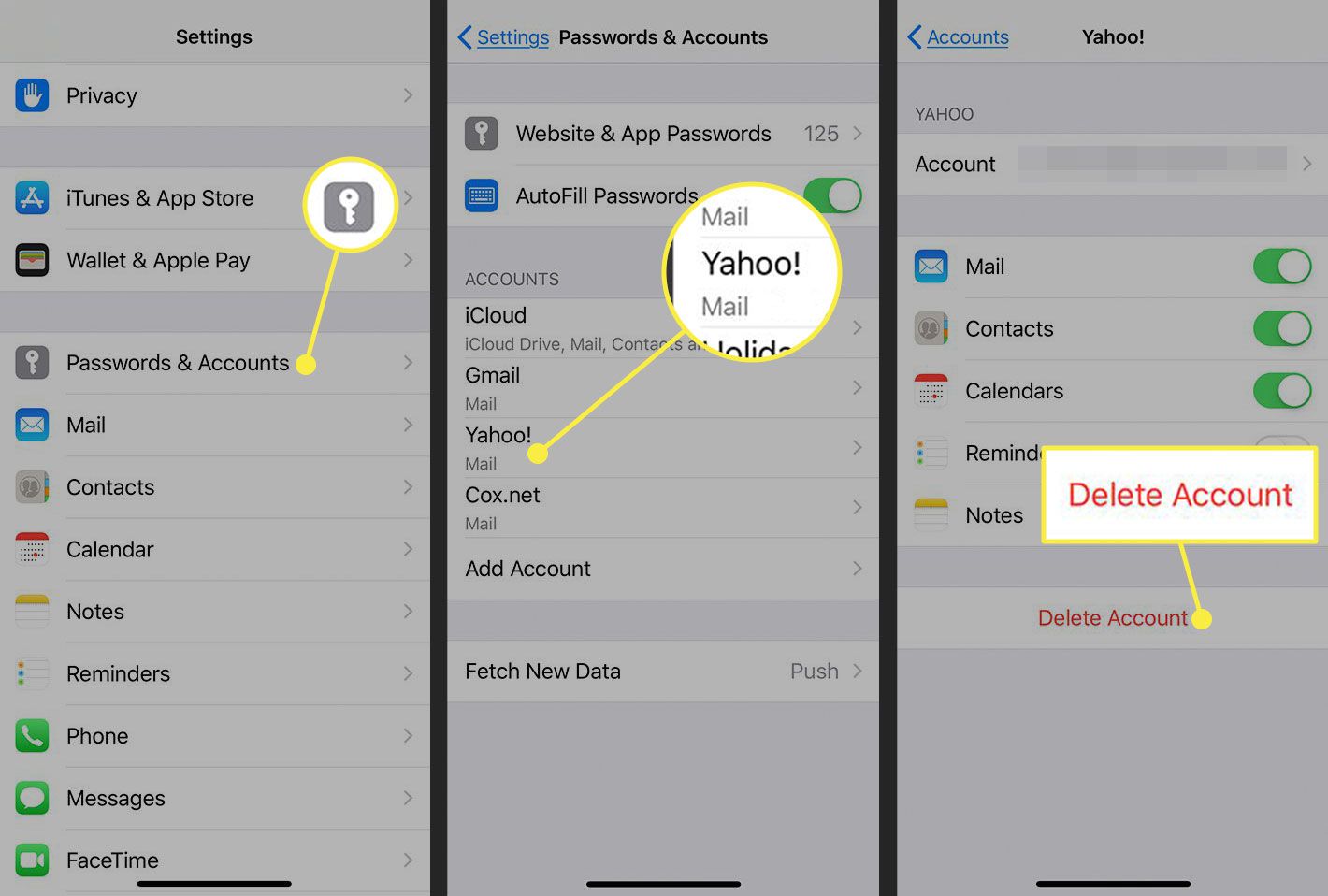 Screenshoty z iPhone ukazující, jak odstranit účet Yahoo