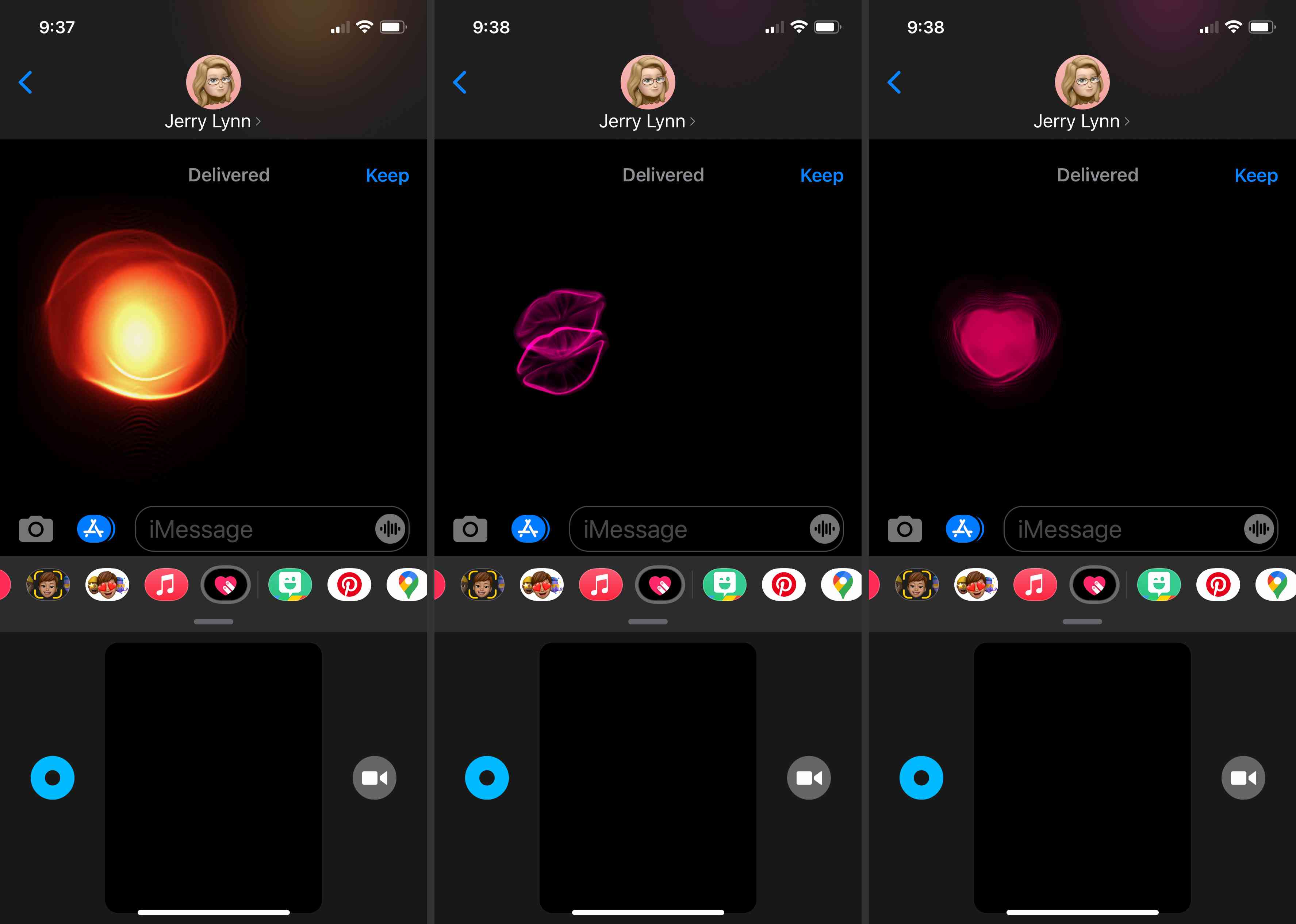 Screenshoty ukazující ohnivou kouli, polibek a tep v aplikaci iMessage.