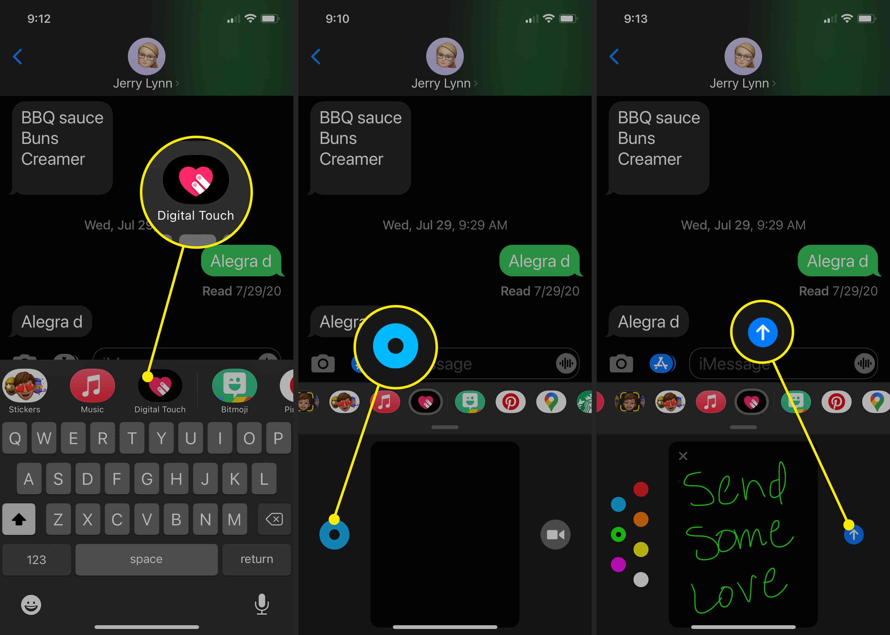 Screenshoty ukazující, jak používat možnost Digital Touch v iMessage.
