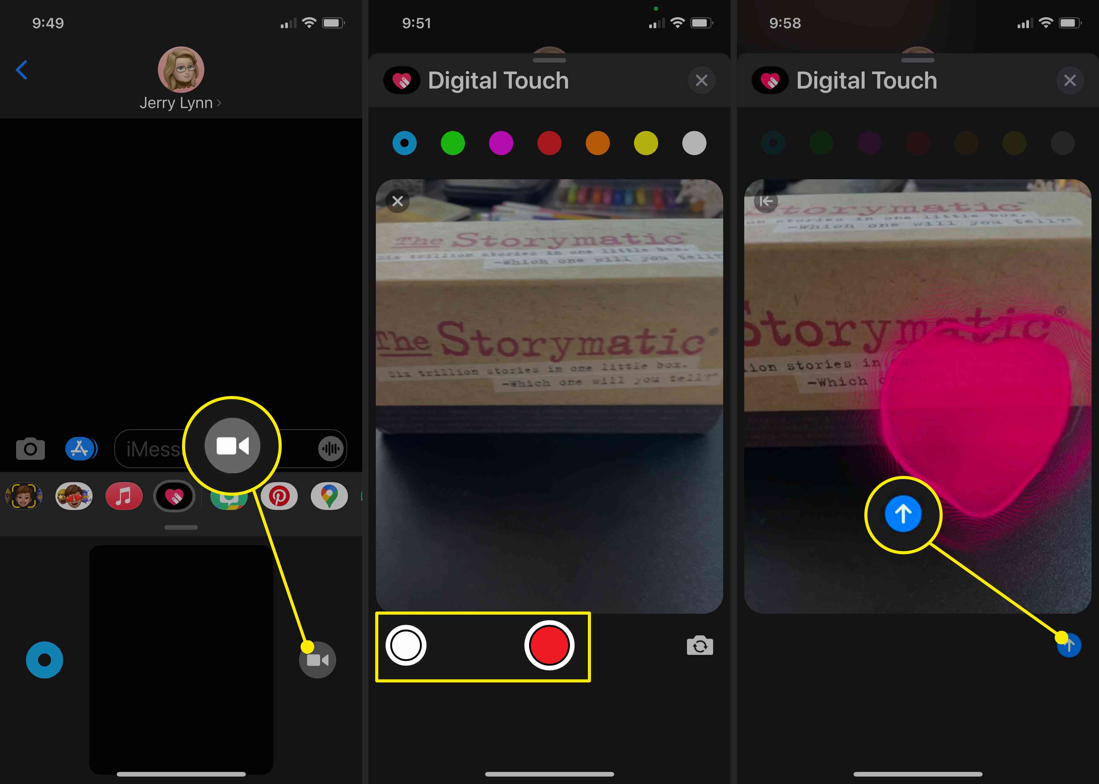 Screenshoty přidávání efektů Digital Touch k fotografiím a videím v aplikaci iMessage.