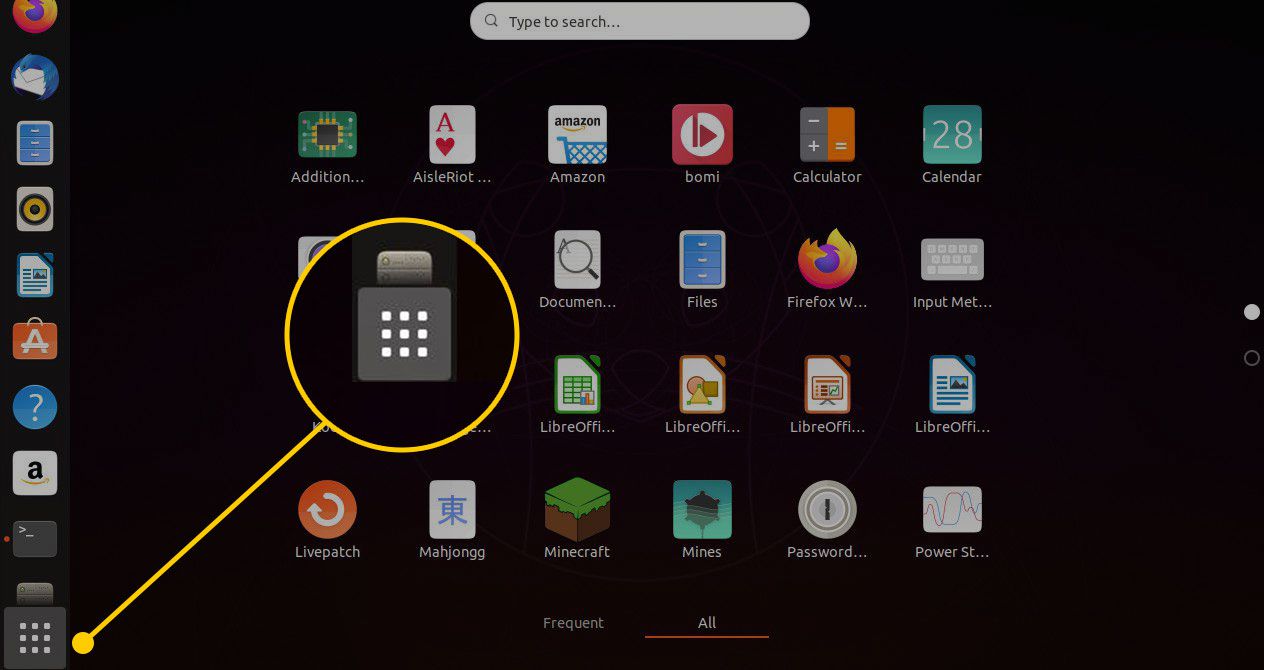 Tlačítko Zobrazit aplikace v Ubuntu