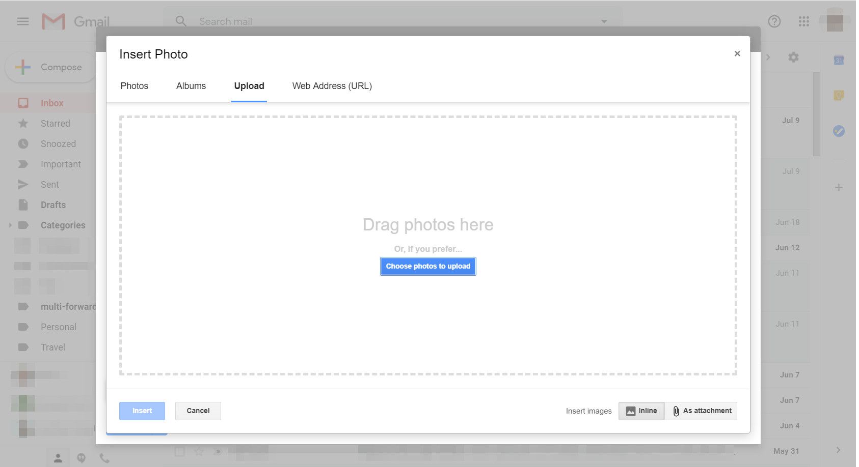 Gmail se zobrazeným dialogovým oknem Vložit fotografii