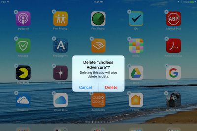 Tlačítko potvrzení pro odstranění aplikace na iPadu.  Snímek obrazovky