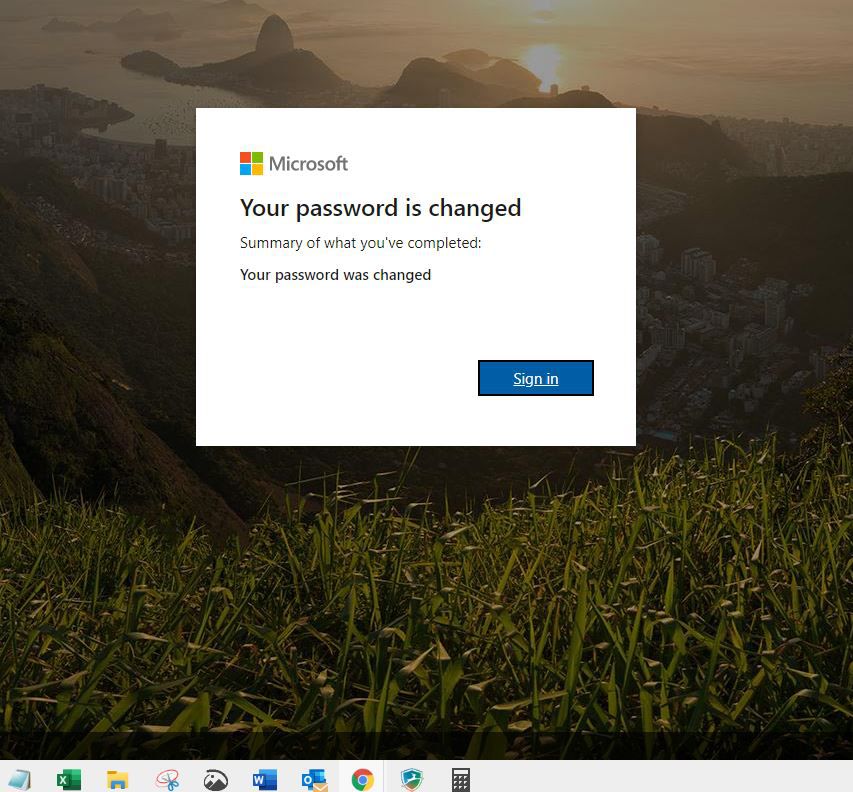 Snímek obrazovky s oznámením o změně hesla společnosti Microsoft.