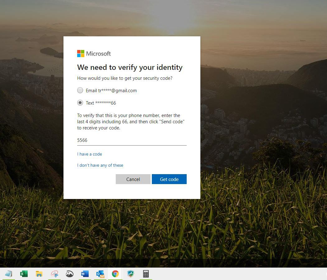 Screenshot tlačítka Získat kód na stránce pro resetování hesla účtu Microsoft