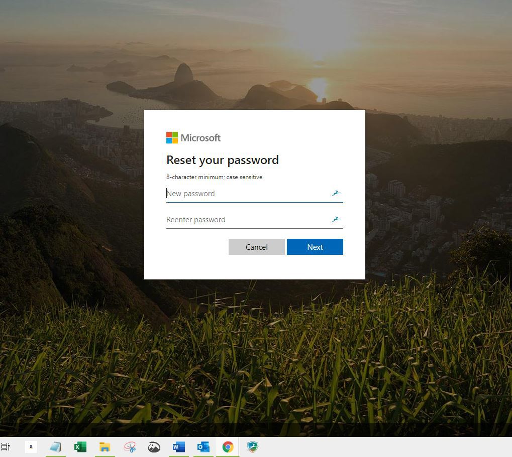 Screenshot obrazovky nového hesla při resetování hesla Microsoftu