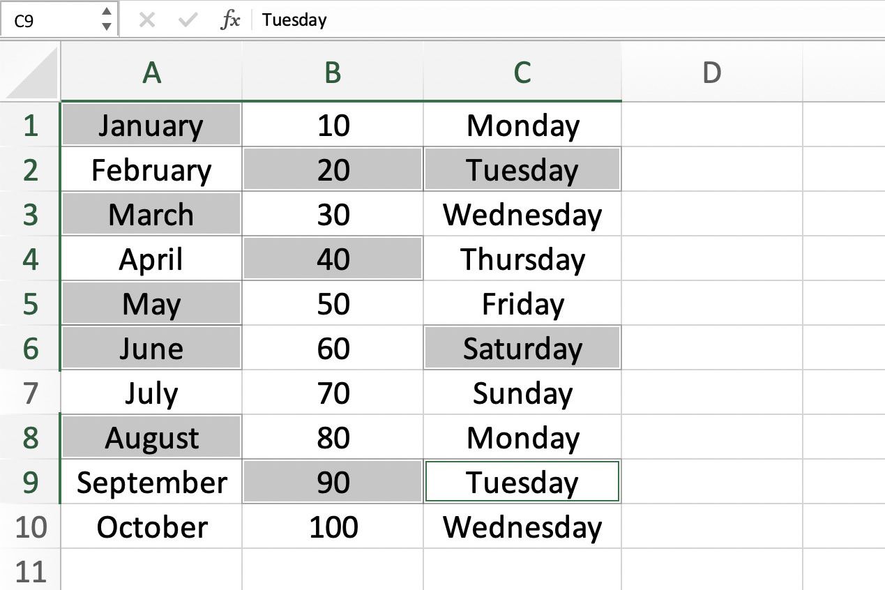 Screenshot aplikace Excel zobrazující výběr buněk pomocí klávesnice a myši