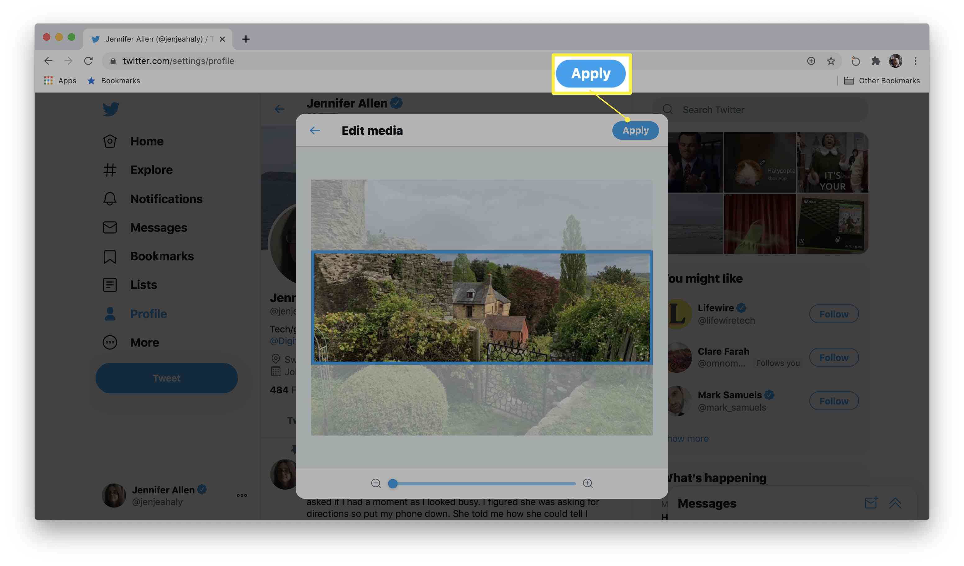 Dialogové okno pro úpravu profilu na Twitteru se zvýrazněnými ovládacími prvky obrázku a tlačítkem Použít