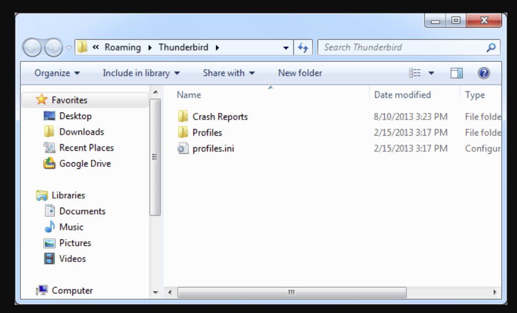 Screenshot složky profilu Thunderbird na PC