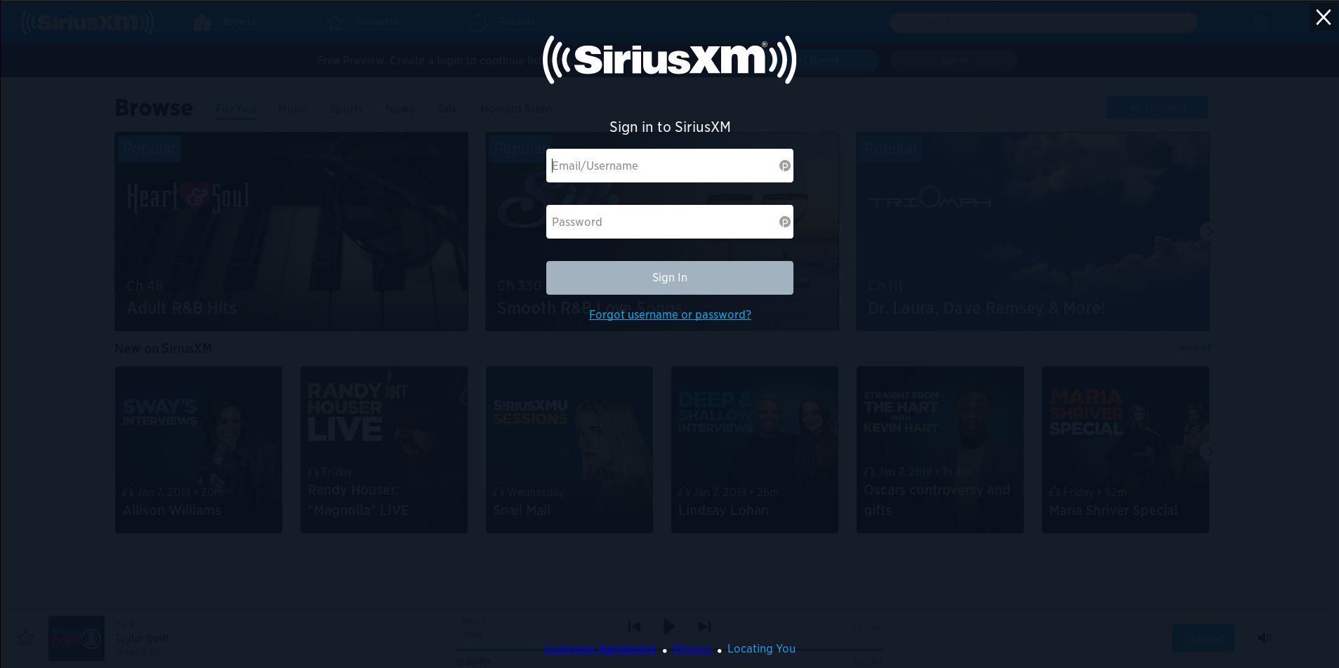 Přihlašovací stránka streamovacího účtu SiriusXM.