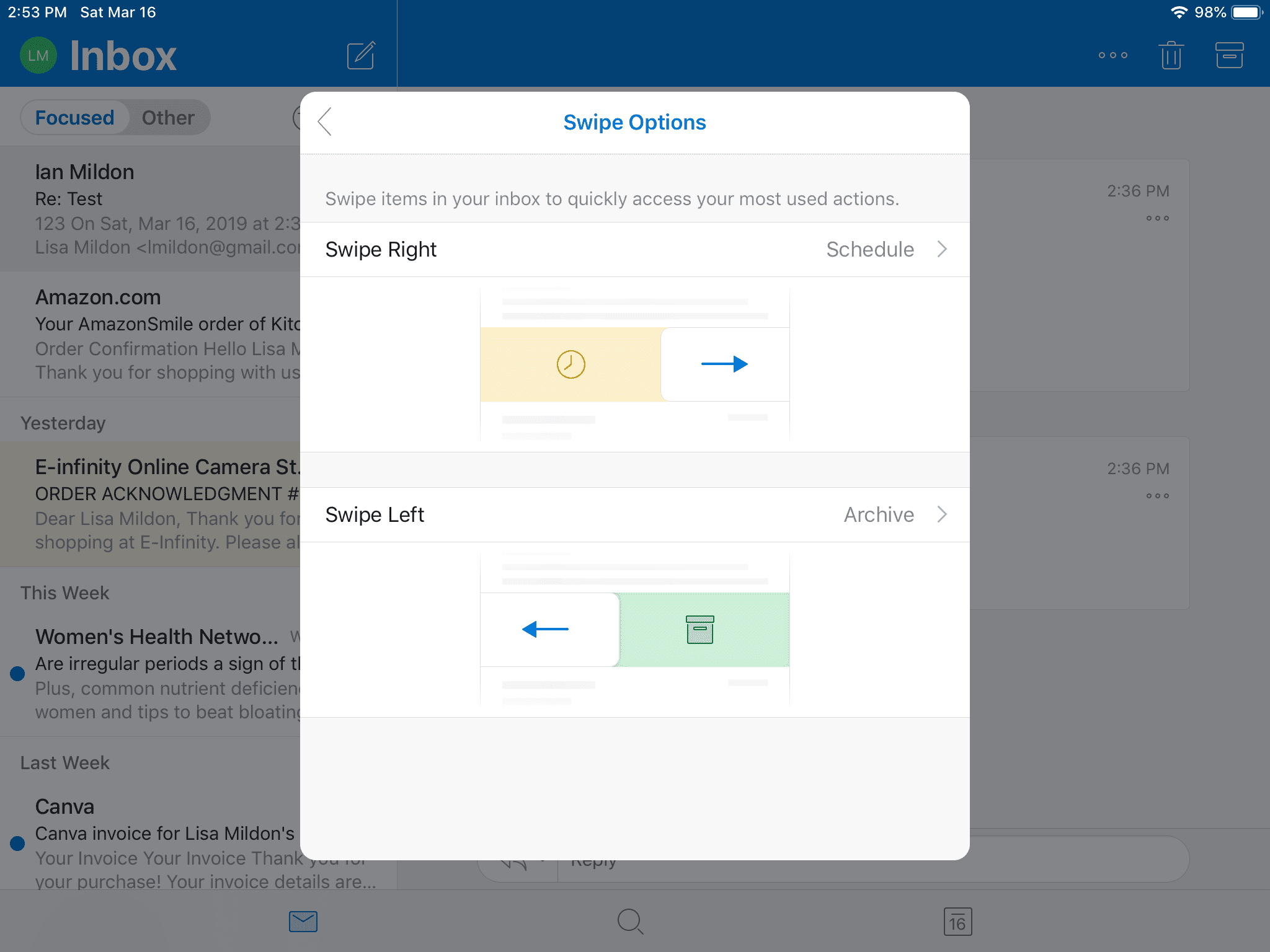 Možnosti přejetí prstem v Outlooku pro iOS.