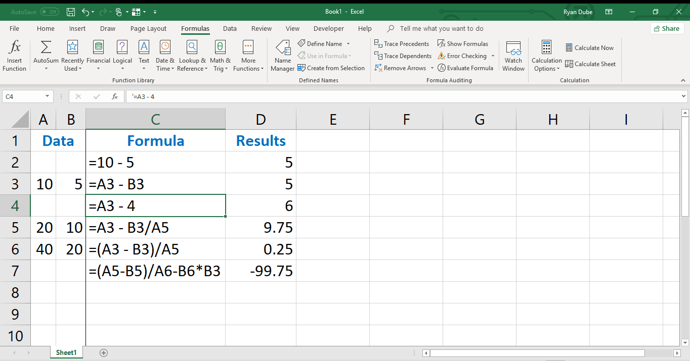 Příklad použití odkazů na buňky a čísel v aplikaci Excel.