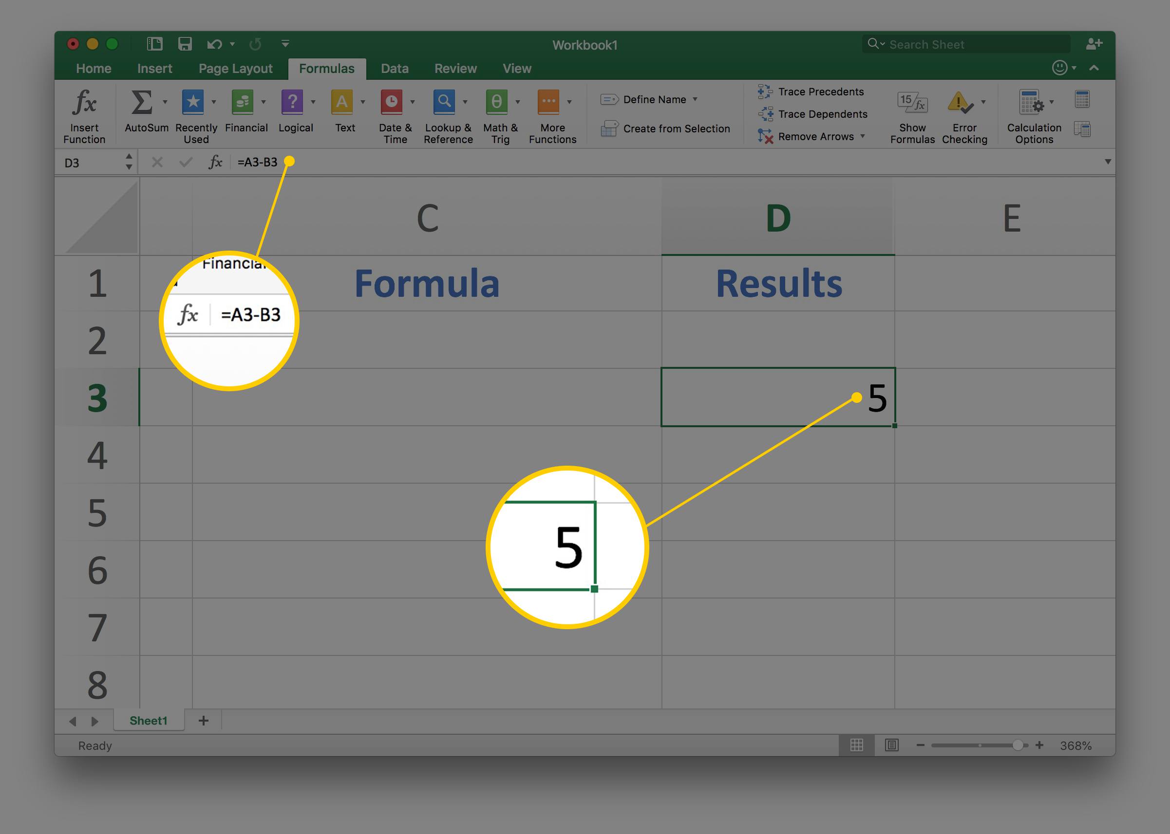 Screenshot aplikace Excel v systému Mac zobrazující 5 ve sloupci Výsledky a = A3-B3 na řádku vzorců
