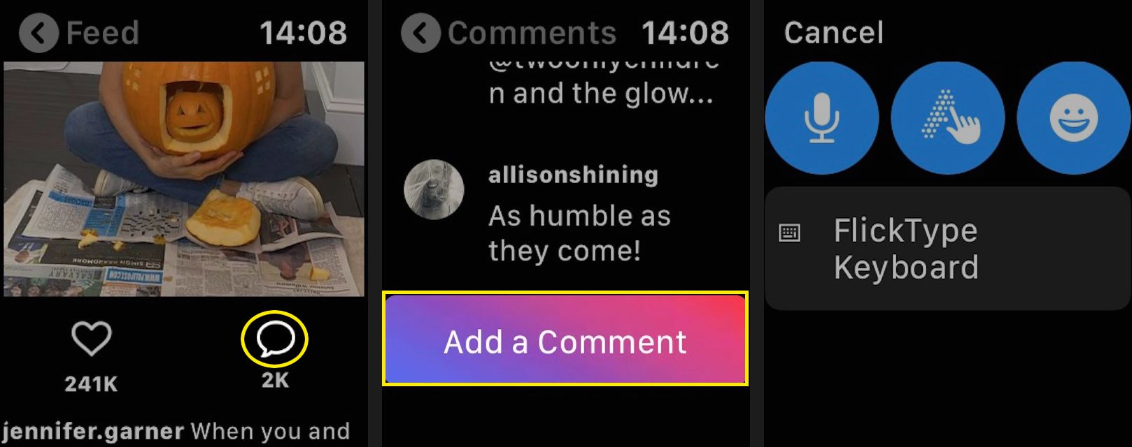 Chcete-li přidat komentář, klepněte na bublinu řeči, přejděte dolů a klepněte na Přidat komentář.  Budete přesměrováni na obrazovku s možnostmi komentáře.