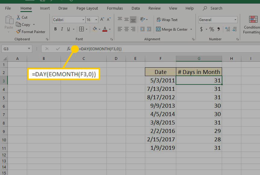 Funkce Excel DAY pomocí vzorce.