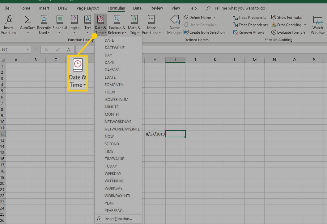 Umístění funkce Excel Date & Time Functions.