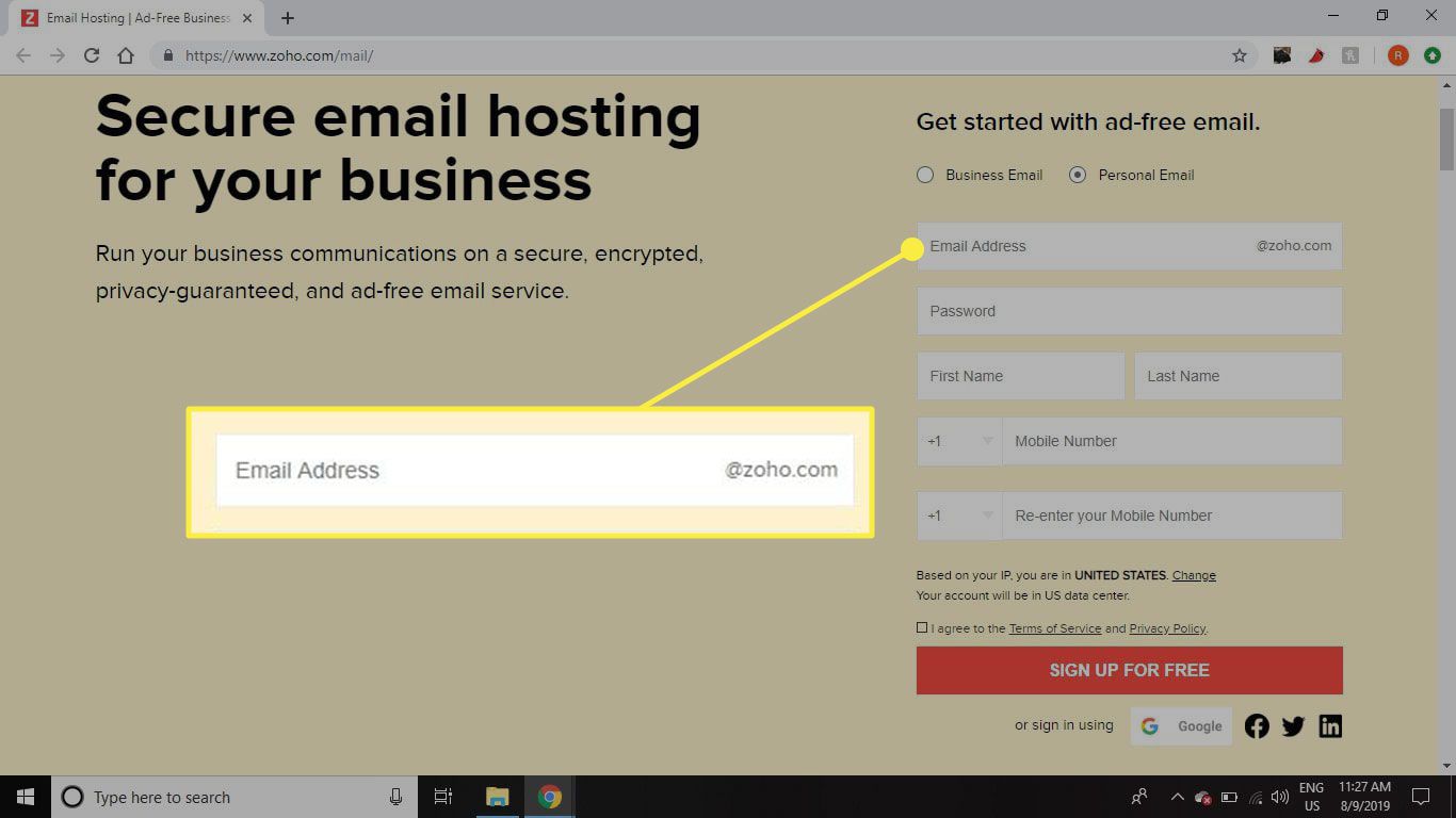 Snímek obrazovky registrace stránky Zoho Mail se zvýrazněným polem E-mailová adresa