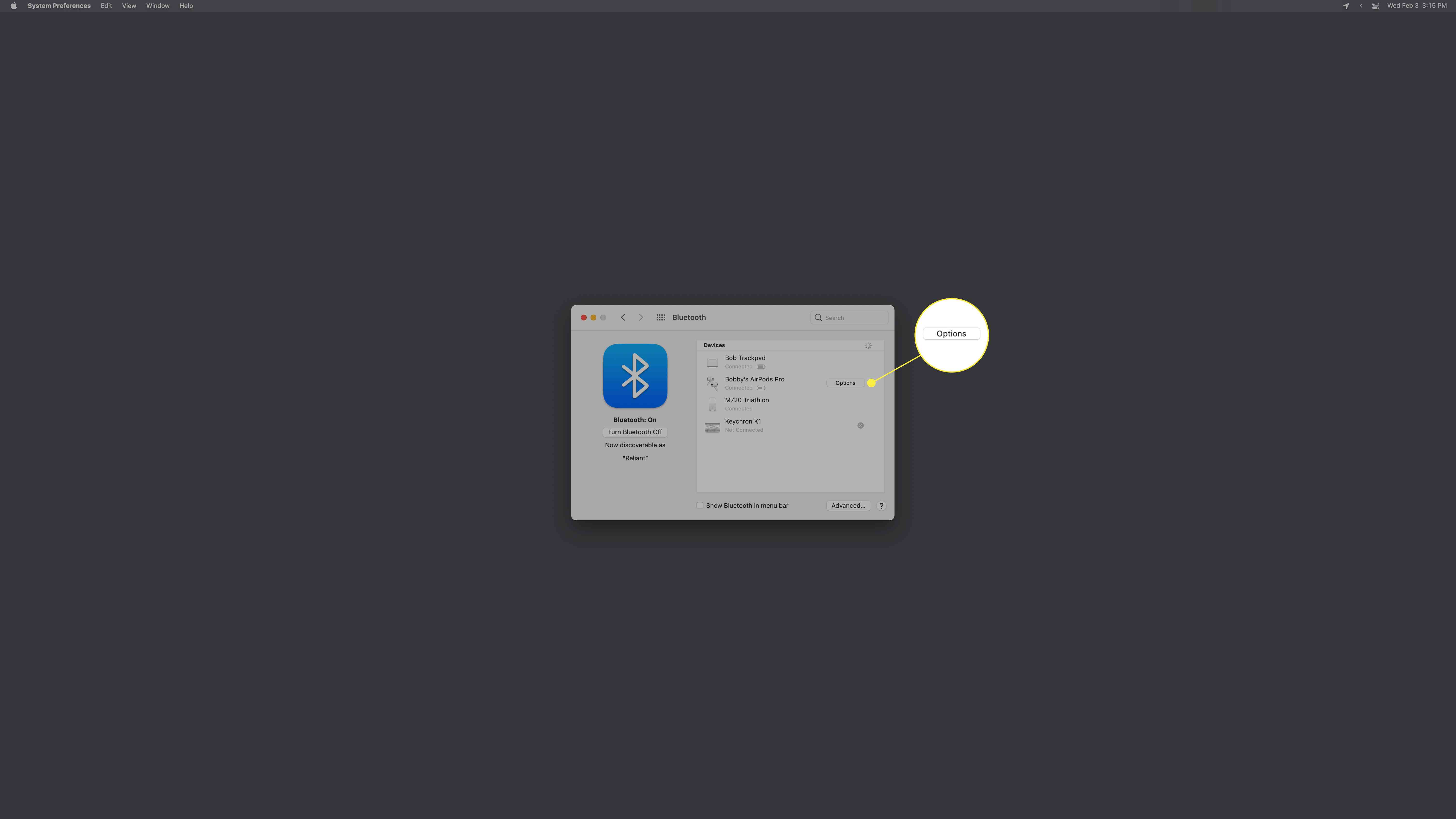 Možnost Možnosti pro AirPods v podokně předvoleb Bluetooth pro macOS.