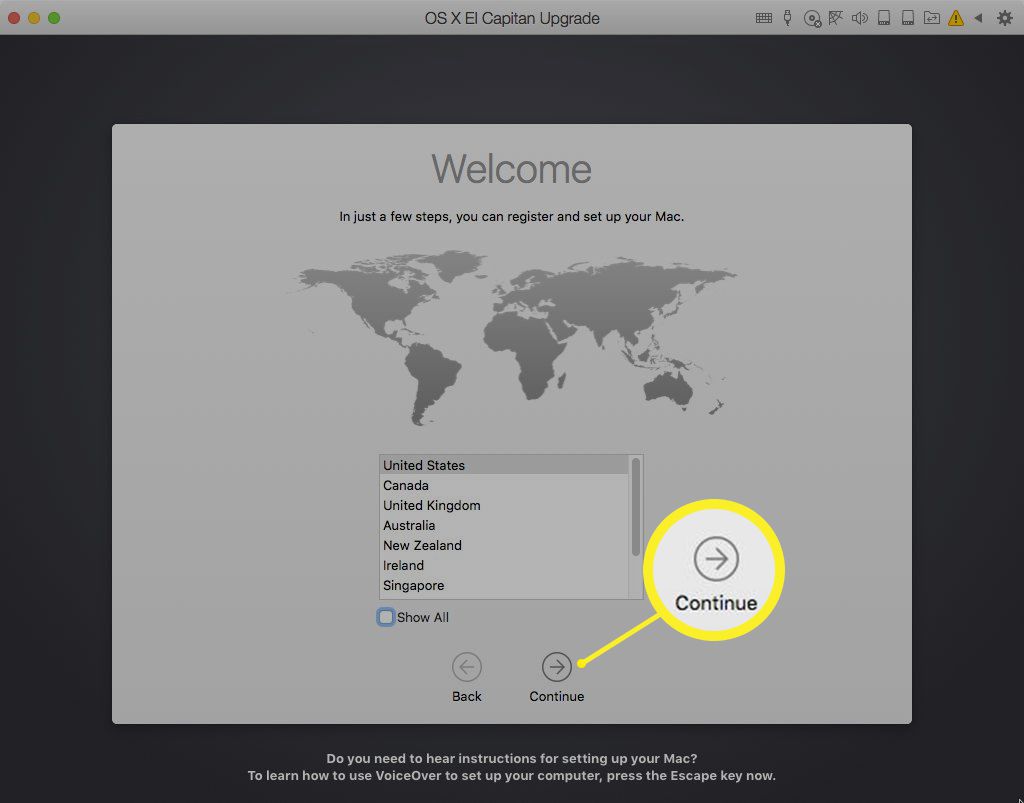 Uvítací obrazovka nastavení OS X El Capitan