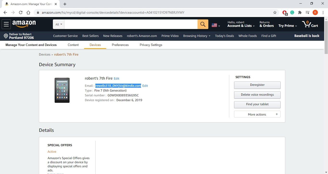 E-mailová adresa společnosti Kindle Fire uvedená na stránce Správa zařízení Amazon.