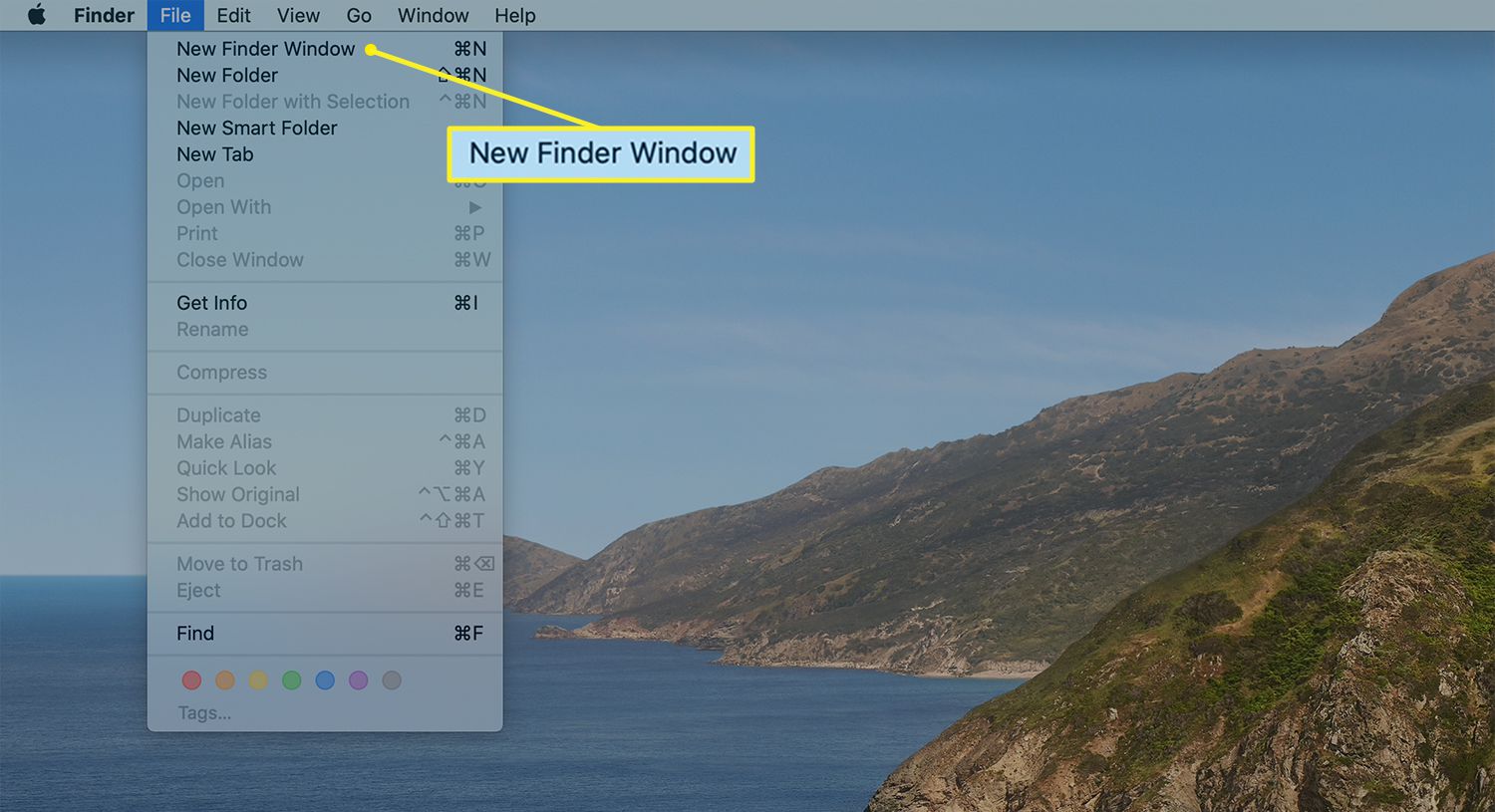 Umístění pro otevření nového okna Finder z lišty nabídky Finder