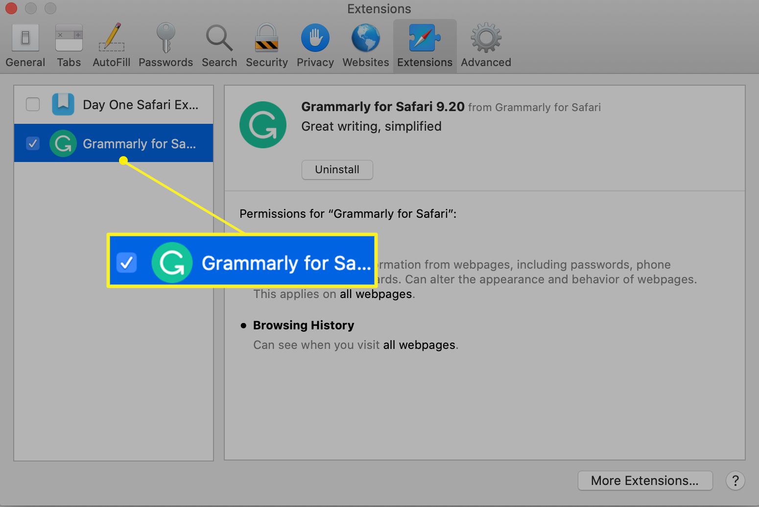 Grammarly extension selected in Preferences