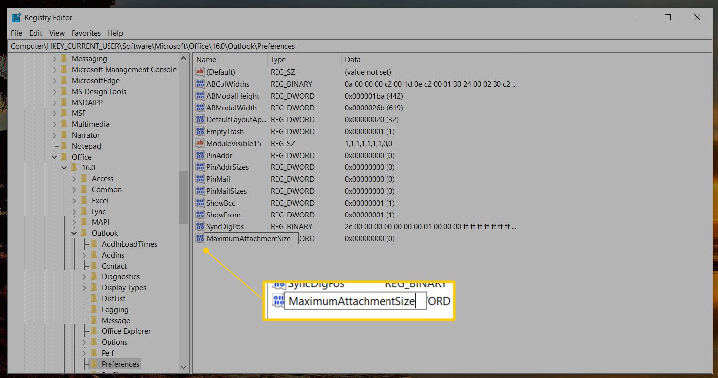 MaximumAttachmentSize v regedit