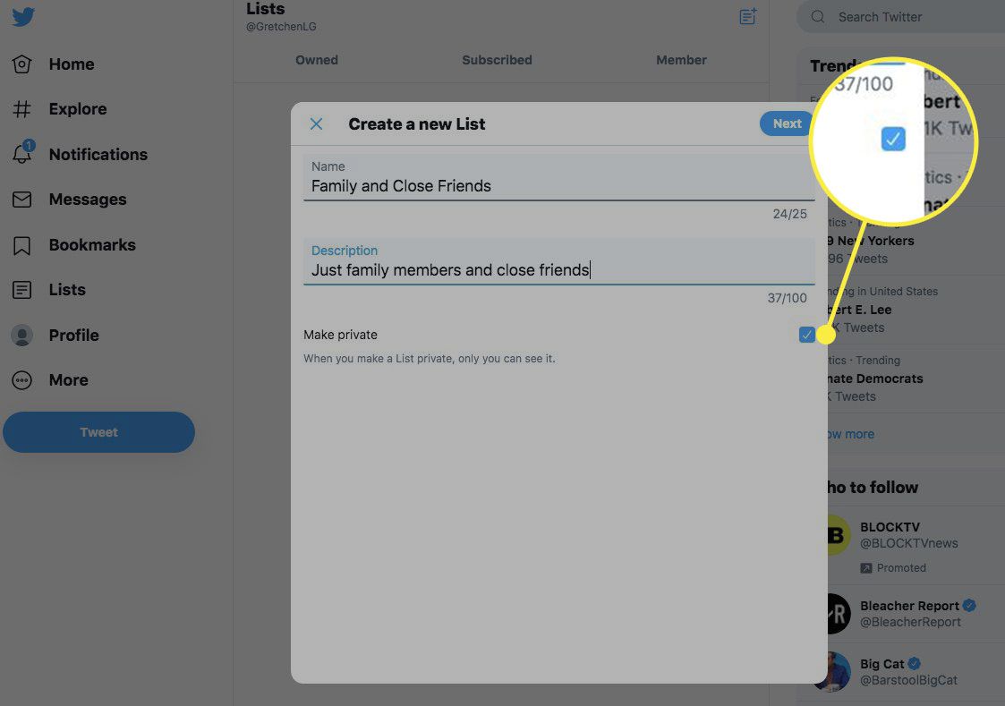 Okno Vytvořit nový seznam na Twitteru se zvýrazněným zaškrtávacím políčkem Vytvořit jako soukromé