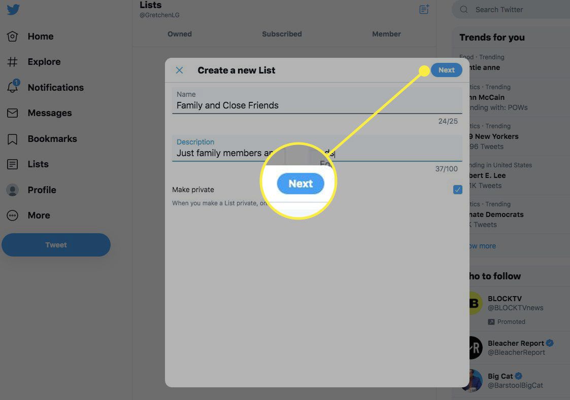 Okno Vytvořit nový seznam na Twitteru se zvýrazněným tlačítkem Další