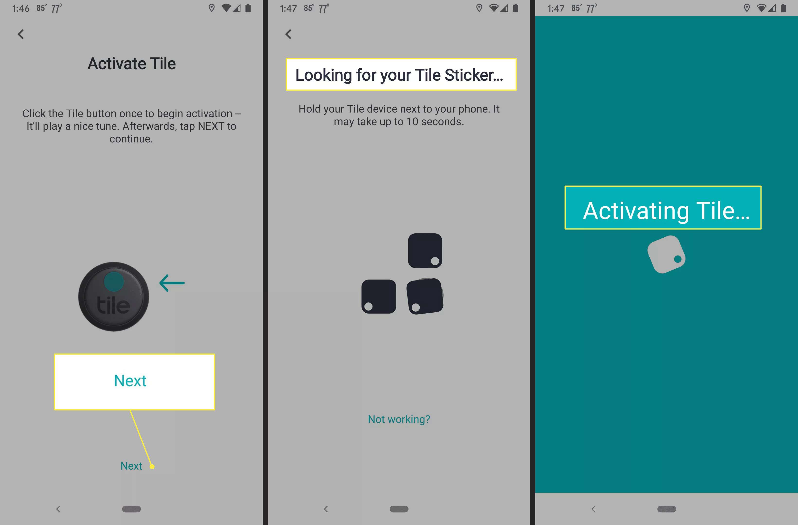 Aktivace nálepky Dlaždice pomocí aplikace pro Android.