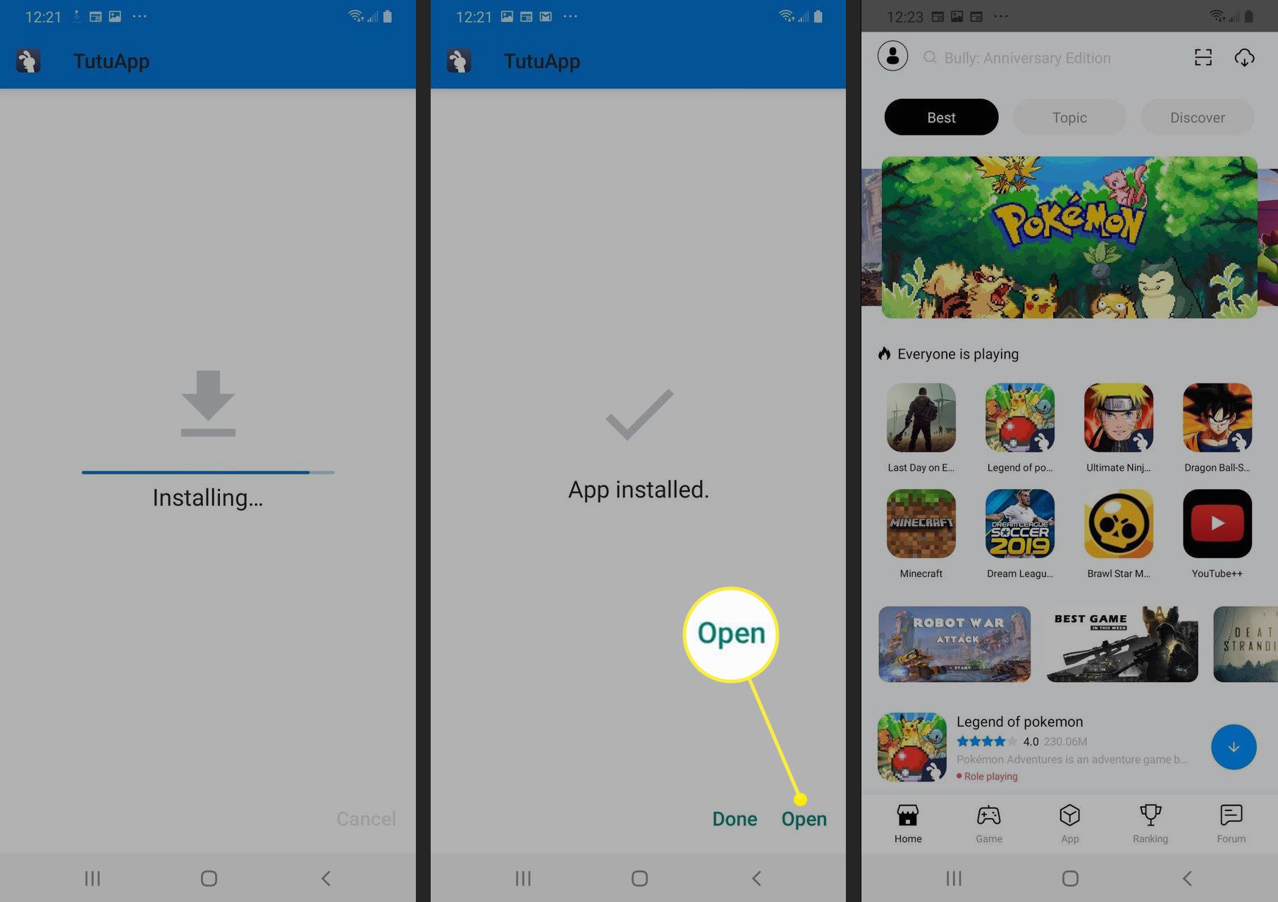Tlačítko TutuApp Otevřít a domovská obrazovka zobrazující dostupné aplikace pro Android