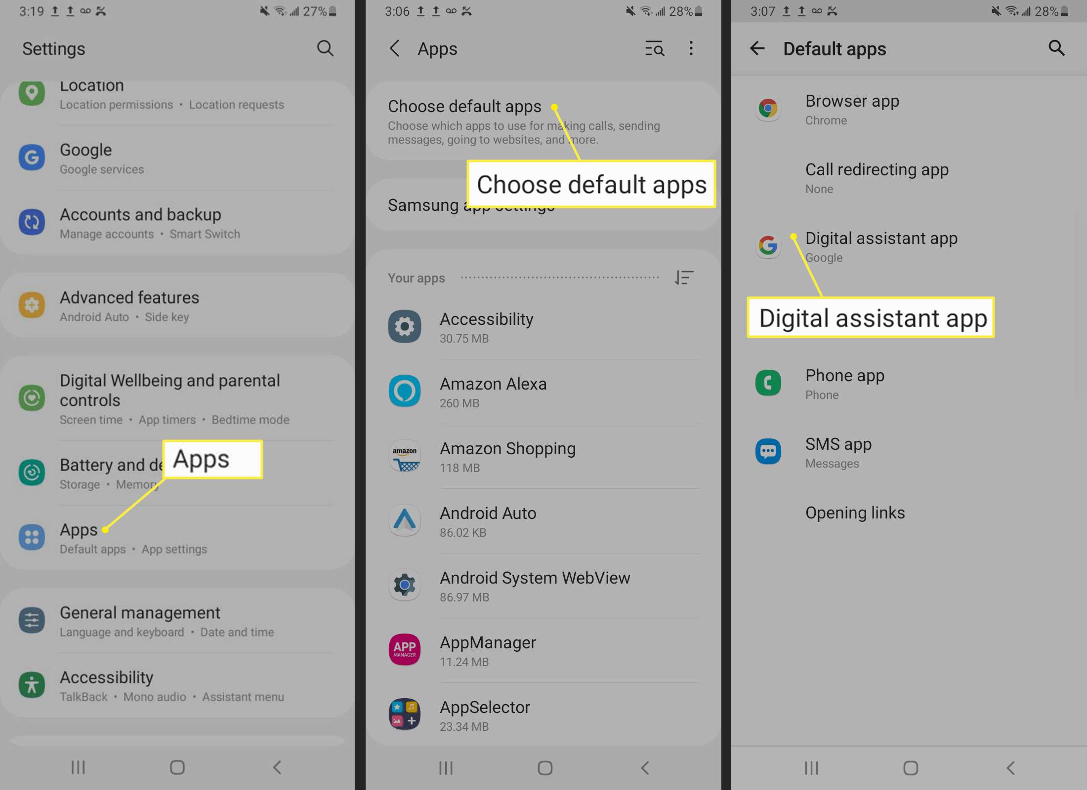 Výběr výchozí aplikace digitálního asistenta pro Android