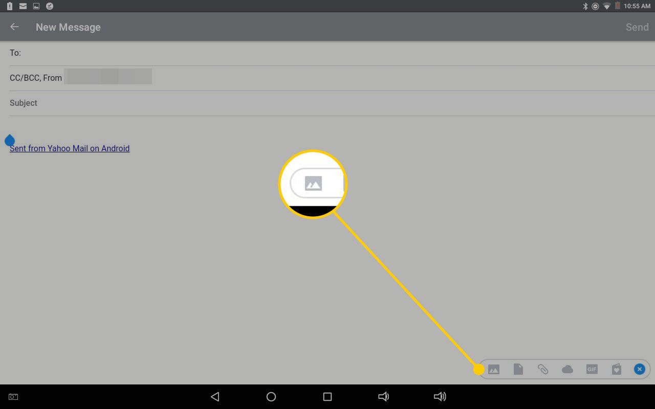 Nabídka přílohy v aplikaci Yahoo Mail se zvýrazněným tlačítkem obrázku
