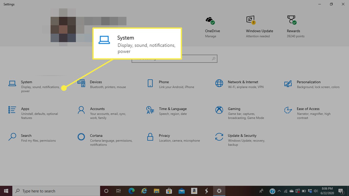 Nadpis System v nastavení Windows 10