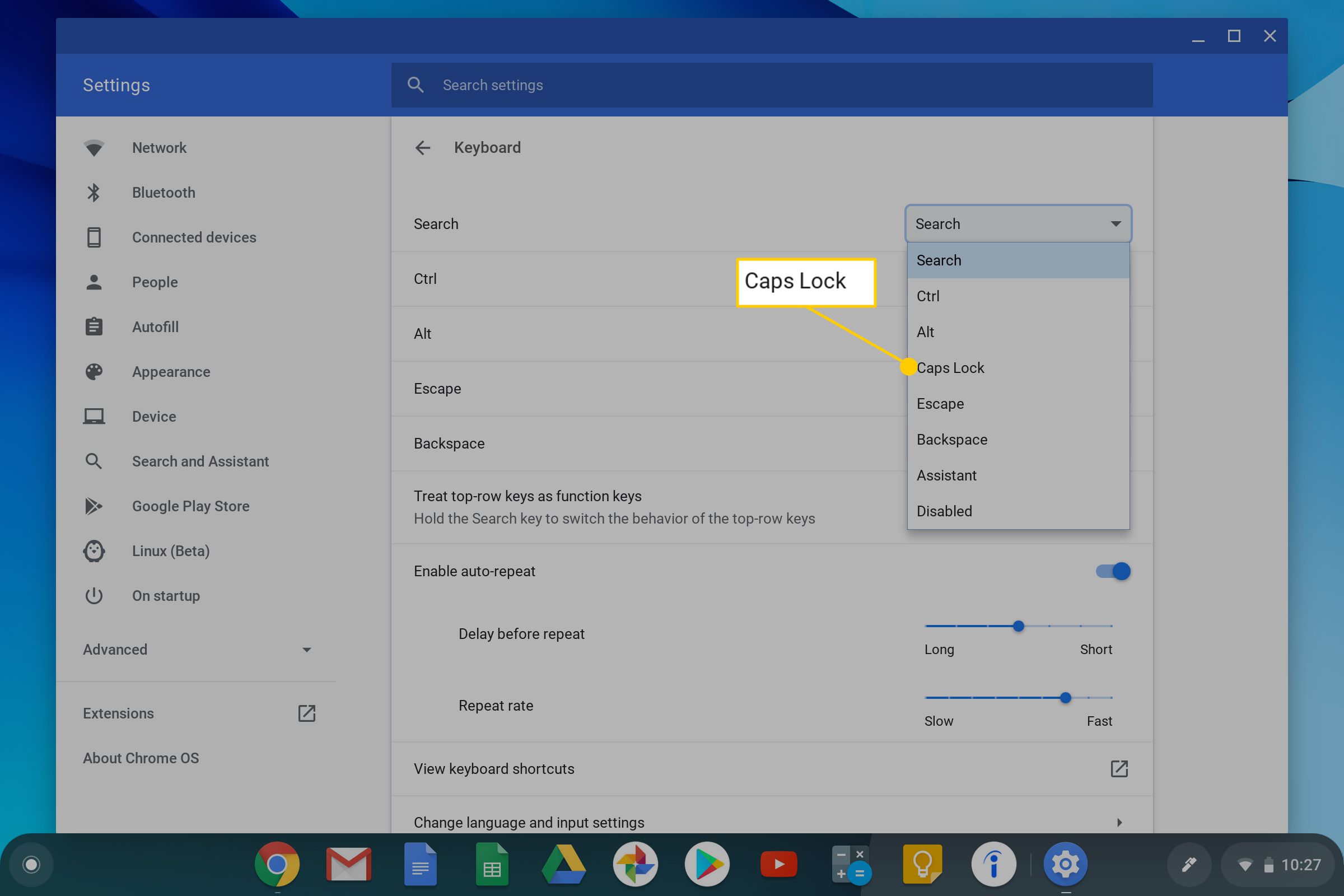Možnost nastavit vyhledávací klíč jako výchozí pro Caps Lock na Chromebooku.