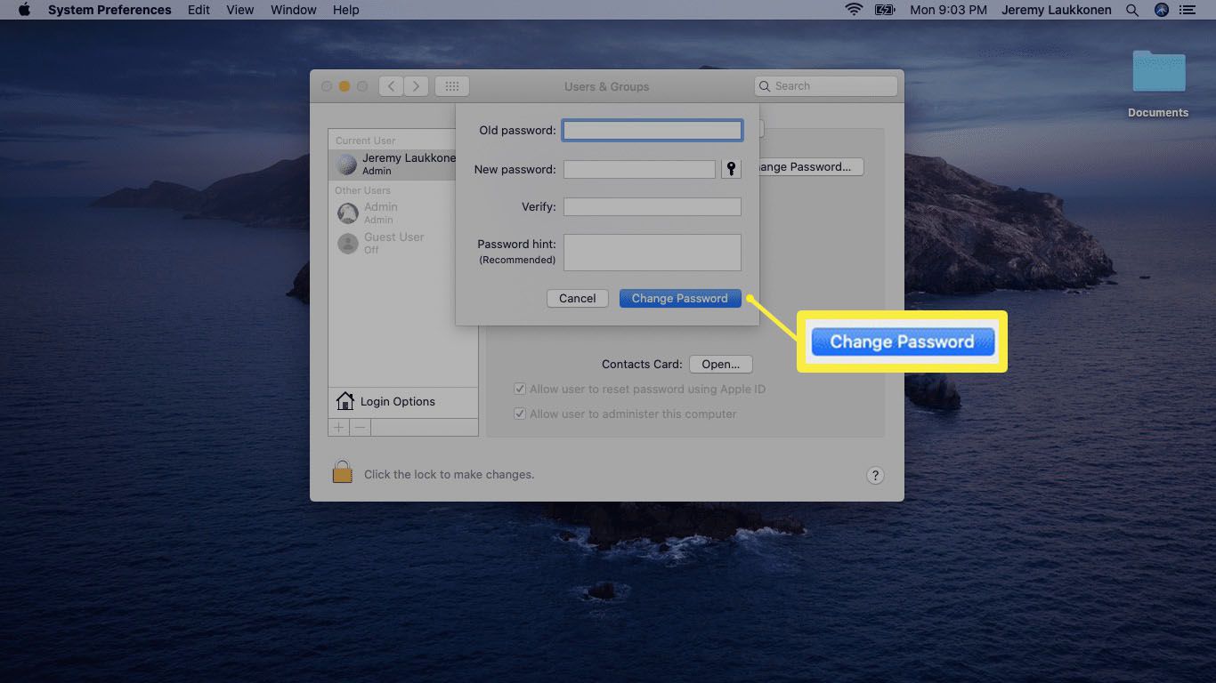 Snímek obrazovky s nastavením nového hesla na počítači Mac.