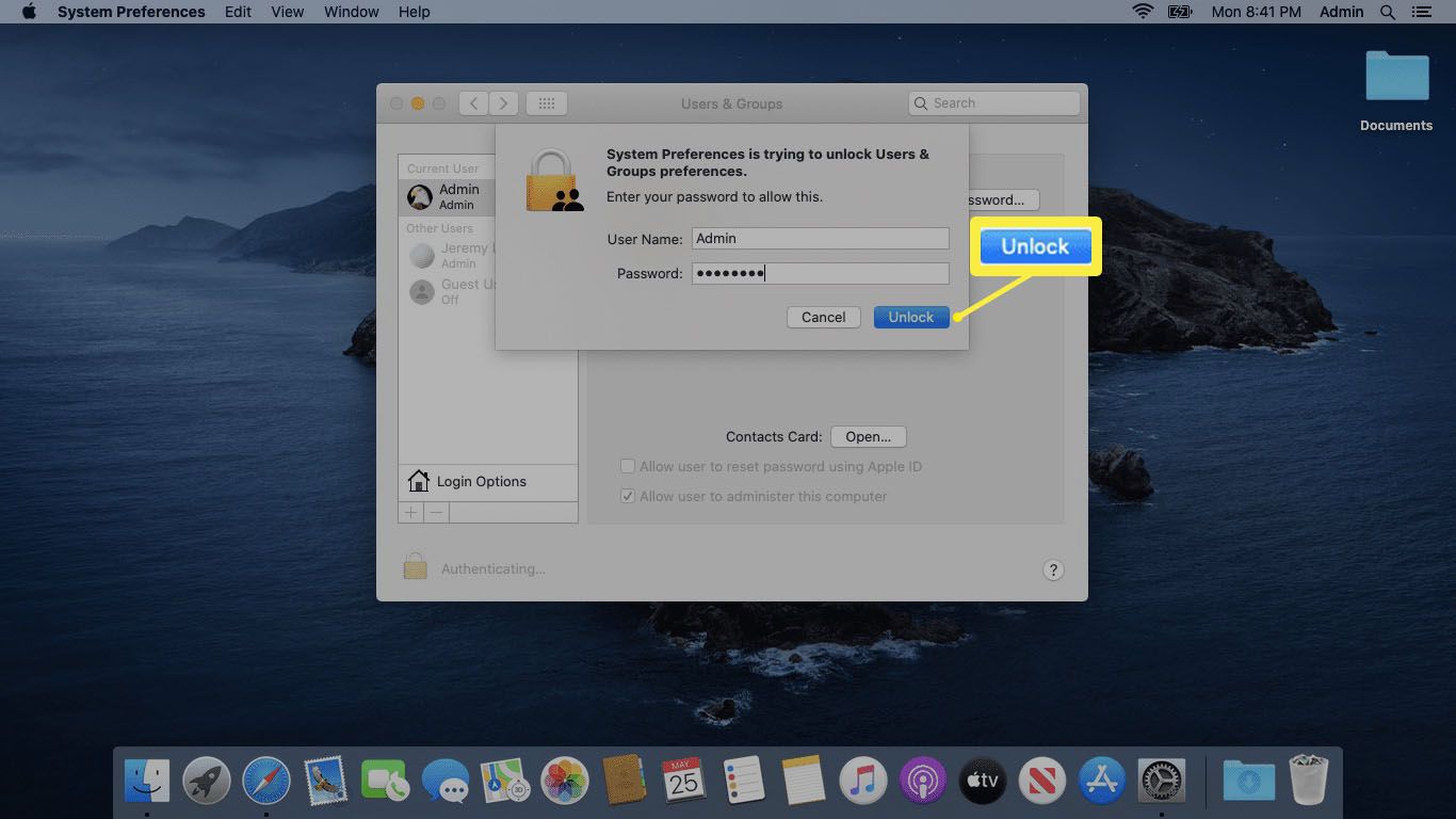 Snímek obrazovky odemykání uživatelů a skupin v systému macOS.