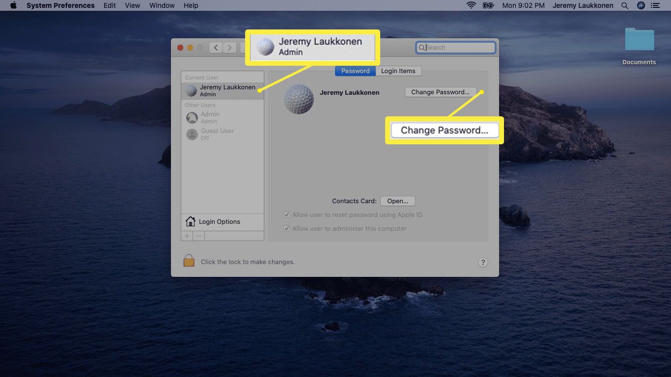 Snímek obrazovky nabídky Uživatelé a skupiny na počítači Mac.