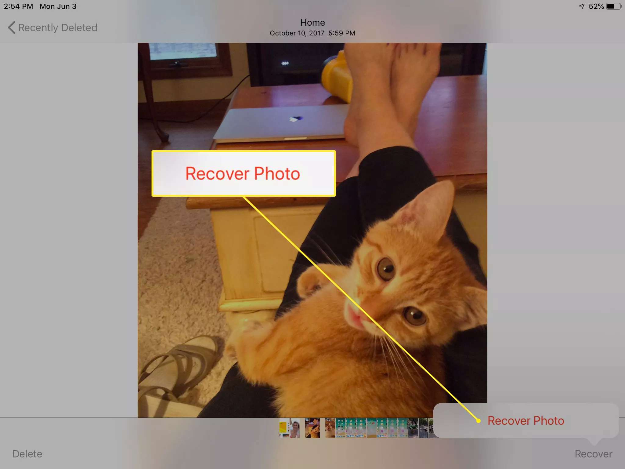Tlačítko Obnovit fotografii ve Fotkách na iPadu